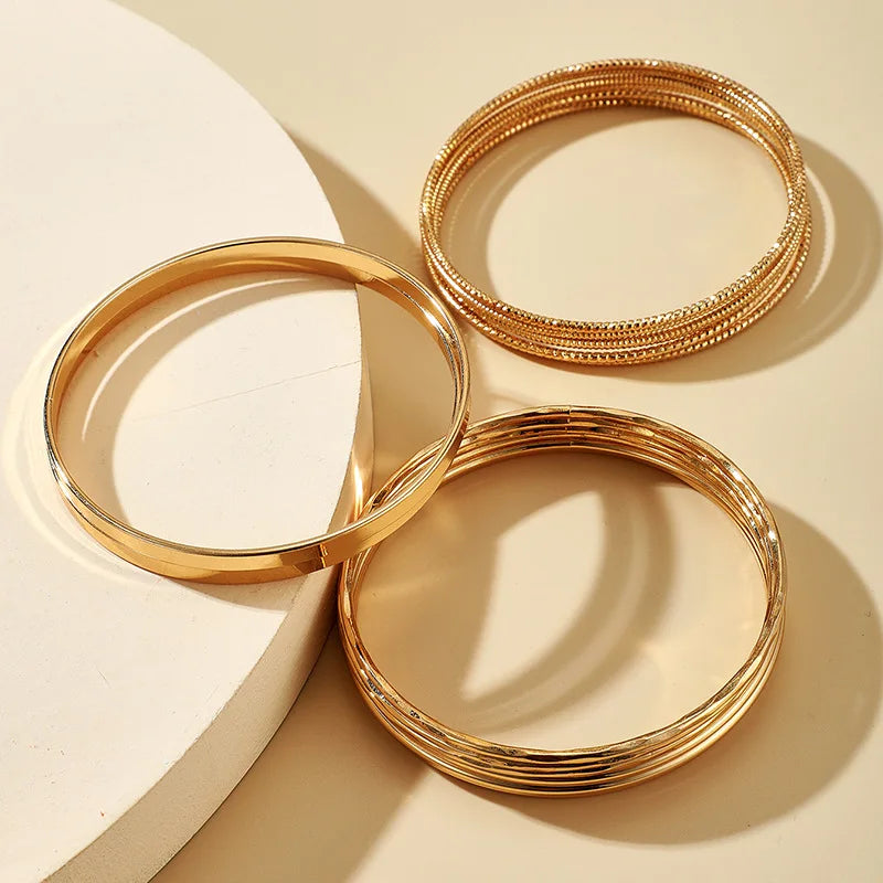 HNSP 5.5CM Inside Diameter Simple Bangle Set For Women Fashion Jewelry Accessories Gold-Color