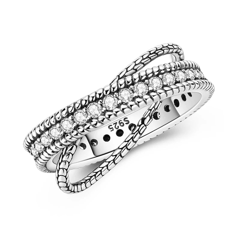 Women's 925 Sterling Silver Geometric Overlapping Zircon Classic Design Rings Anniversary Birthday Engagement Fine Jewelry