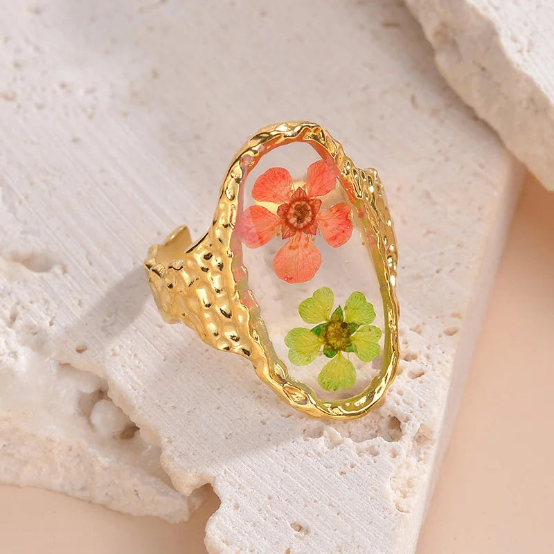 18K Gold Plated Jewelry Adjustable Stainless Steel Waterproof Ring Literary Retro Eternity Flower Design Jewelry For Ladies Gift