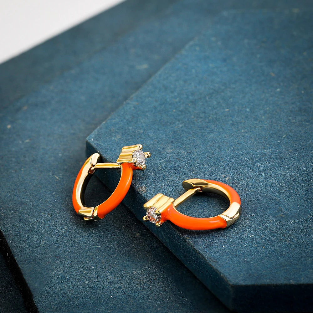 Fashion Colorful Enamel CZ Round Huggie Earrings for Women Trendy Candy Gold Plated Crystal Hoop Earrings Hinged Back Jewelry