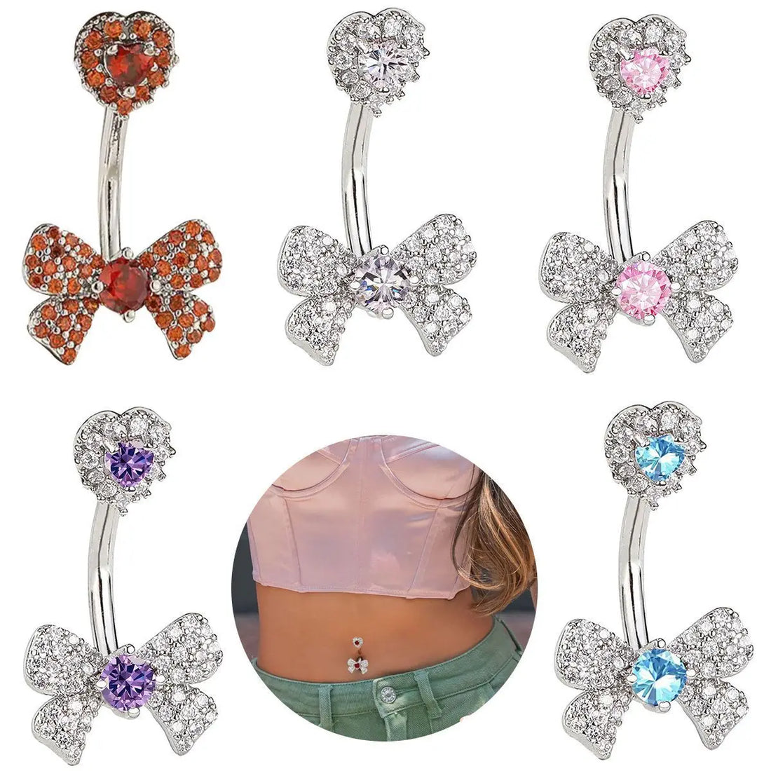1Pc Simple Fashion Bow With Zirconium Navel Ring Lady'S Personal Puncture Jewelry Belly Button Nail Belly Jewelry