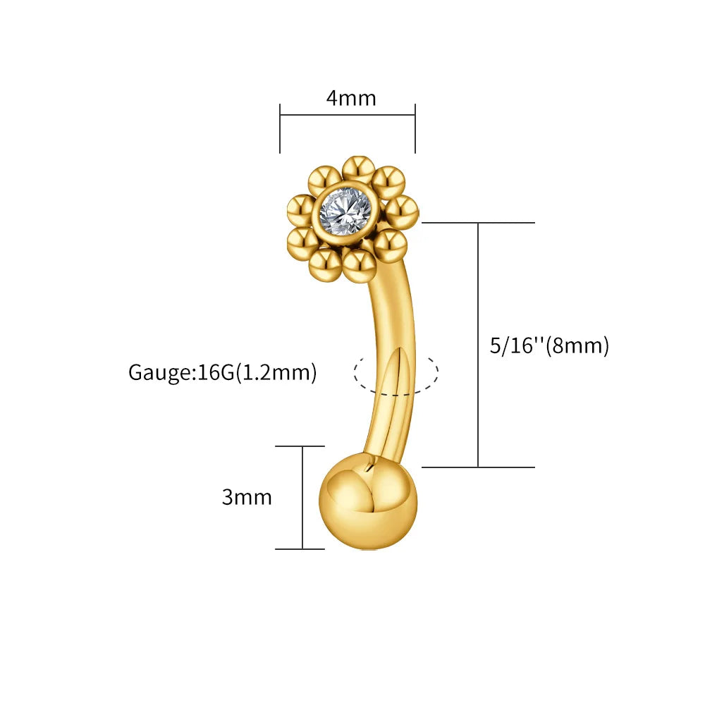 Right Grand ASTM F136 Titanium Mini CZ Flower Rook Earring 16G Curved Barbell Labret Stud Eyebrow Cartilage Tragus Body Piercing