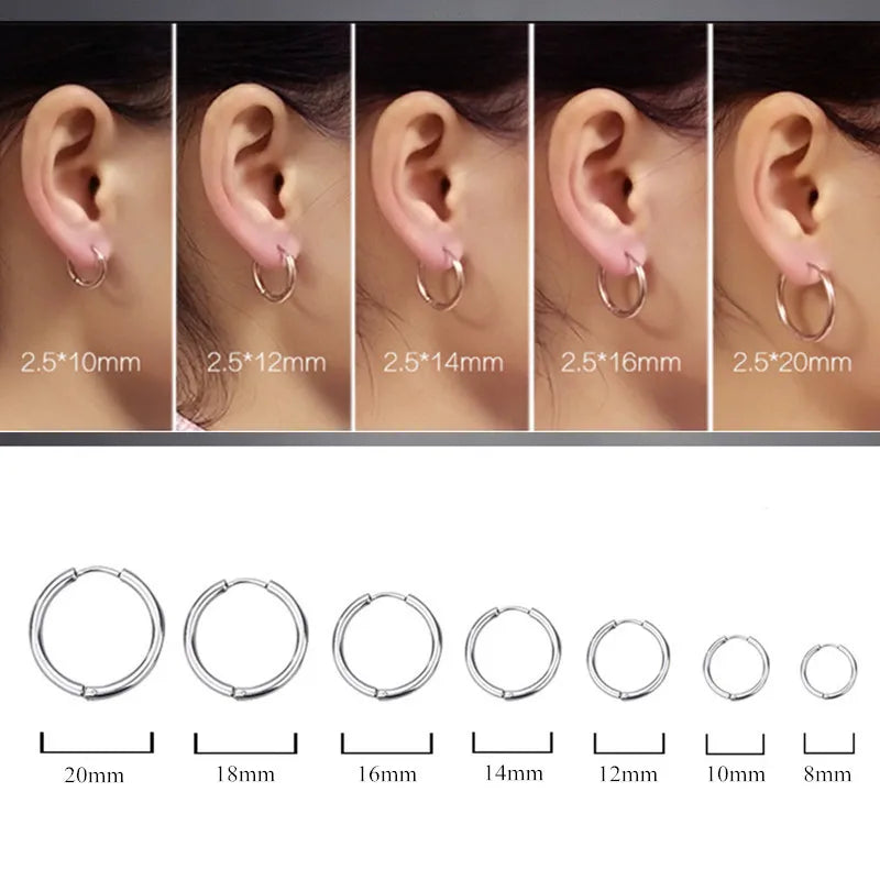 8/10/12/14/16/18/20mm Stainless Steel Huggie Hoop Earrings for Women Men