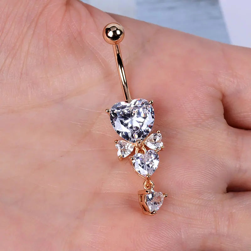 1PC Women Fashion Stainless Steel Piercing Crystal Butterfly Heart Belly Navel Ring Dangle Personality Body Jewelry Accessories