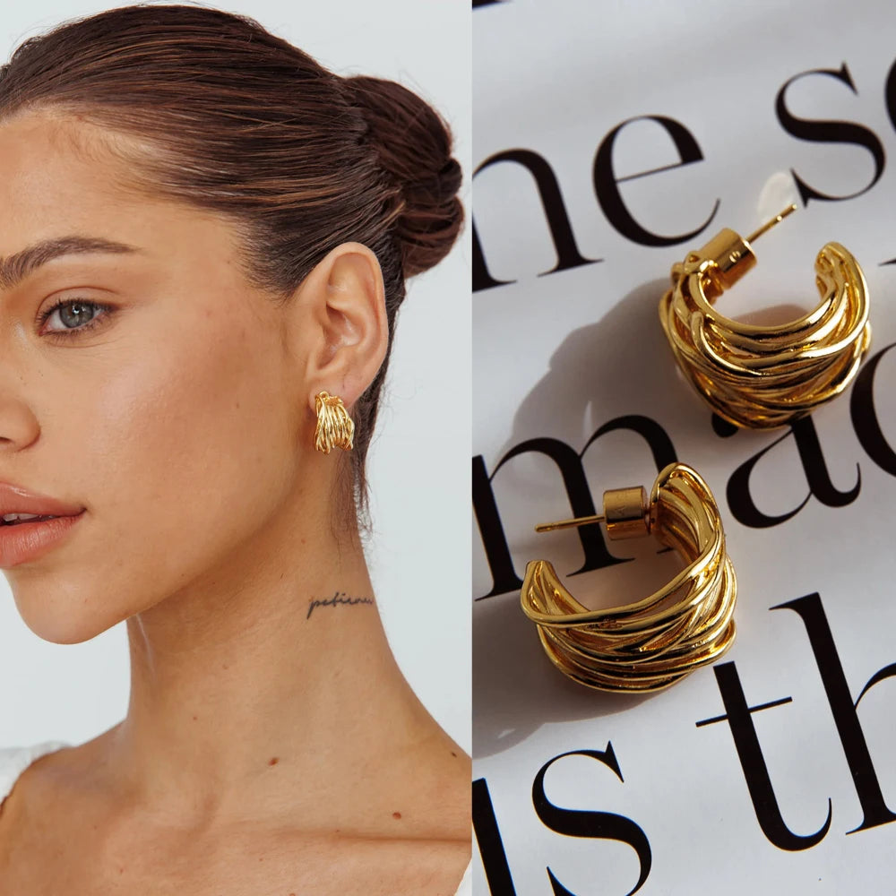 Unusual Multilayer Metal C Shape Hoops No Tarnish 18K Gold Plated Huggie Earrings Classics Piercing Ear Clip Women Retro Jewelry