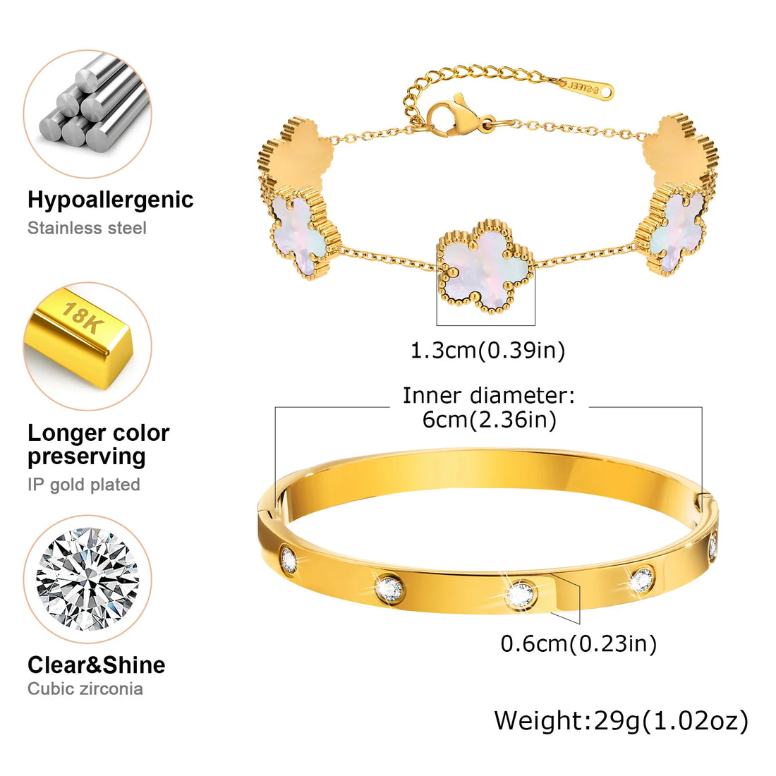 Vnox Exquisite 13mm Clover Bracelet Set for Women, Love Gift Bracelets for Wife Mothers Day Jewelry, Stainless Steel Cuff Bangle