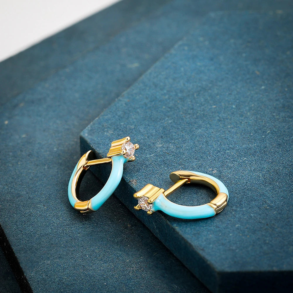 Fashion Colorful Enamel CZ Round Huggie Earrings for Women Trendy Candy Gold Plated Crystal Hoop Earrings Hinged Back Jewelry