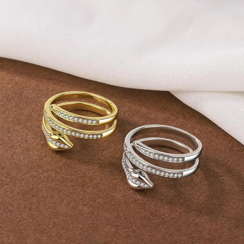 Fashion Winding Snake Rings For Women Men Punk Hip Hop Open Adjustable Gold Color Ring Stainless Steel Zircon Aesthetic Jewelry