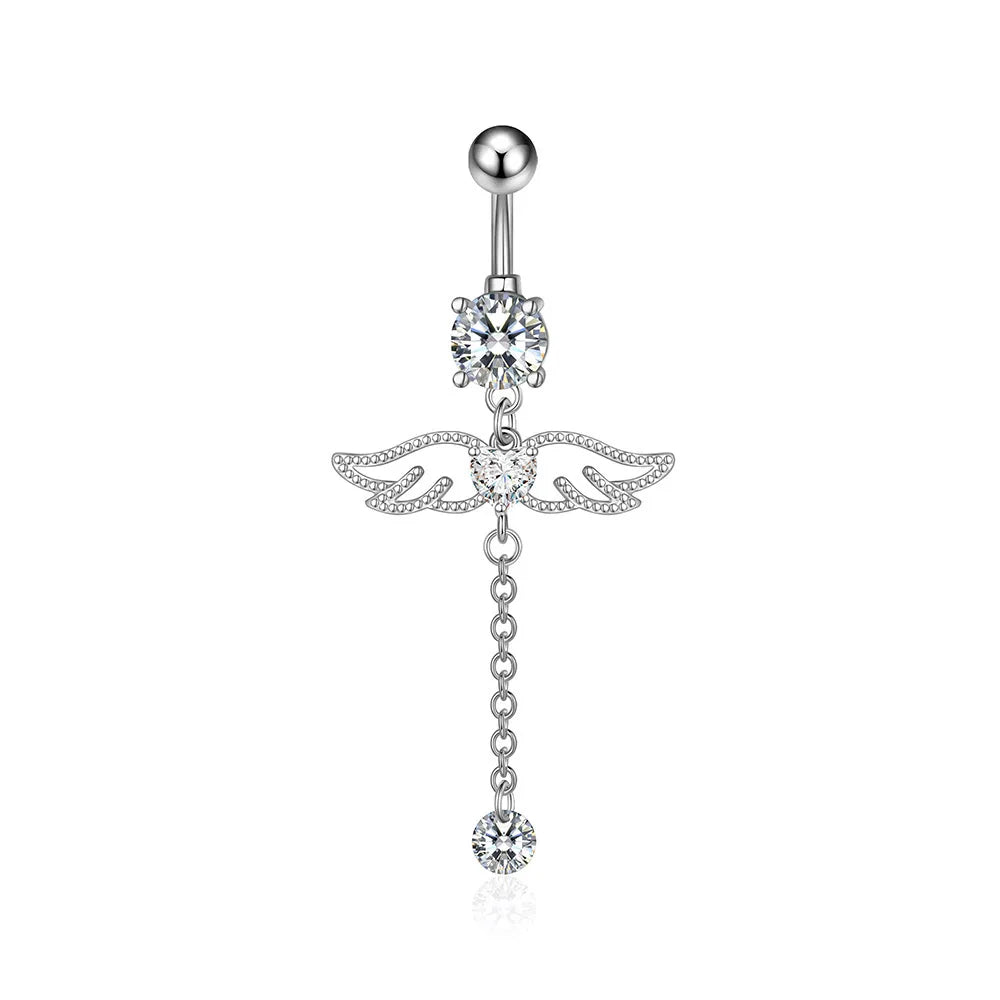 Trendy Angel Belly Button Rings Stainless Steel Zircon Butterfly Navel Piercing Surgical for Women Body Belly Jewelry Pendant