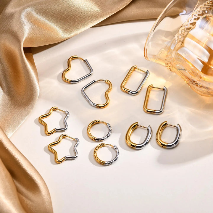 Trendy 2 Tones Minimalist Stainless Steel Hoop Earrings for Women, Gold Color Star Square Heart Huggies Ear Jewelry Accessory