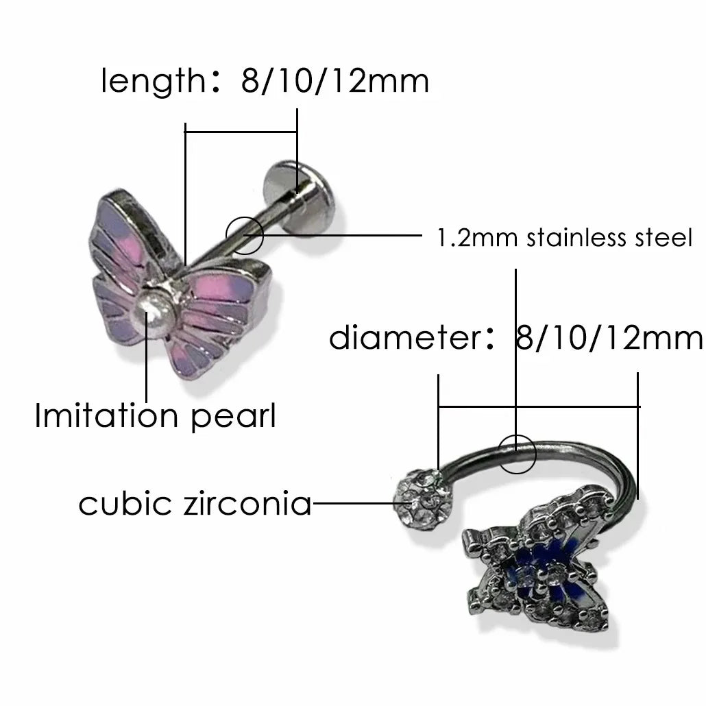 1pc Crystal Butterfly Labret Piercing Lip Ring C Shape Stainless Steel Ins Sweet Cool Y2K Girl Piercing Cartilage Body Jewelry