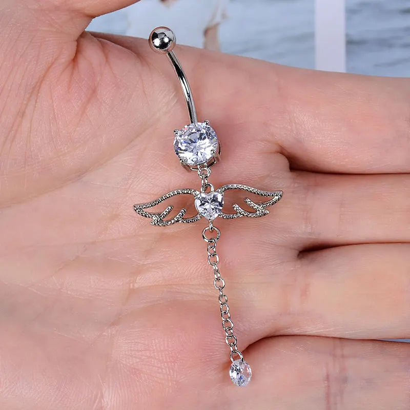 1PC Women Fashion Stainless Steel Piercing Crystal Butterfly Heart Belly Navel Ring Dangle Personality Body Jewelry Accessories