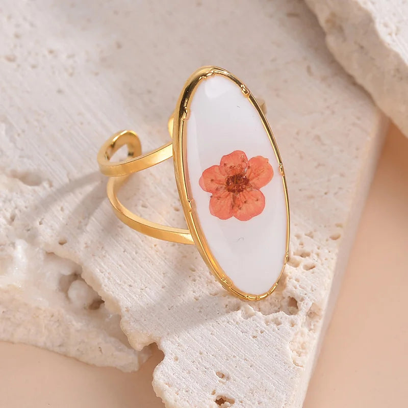 18K Gold Plated Jewelry Adjustable Stainless Steel Waterproof Ring Literary Retro Eternity Flower Design Jewelry For Ladies Gift