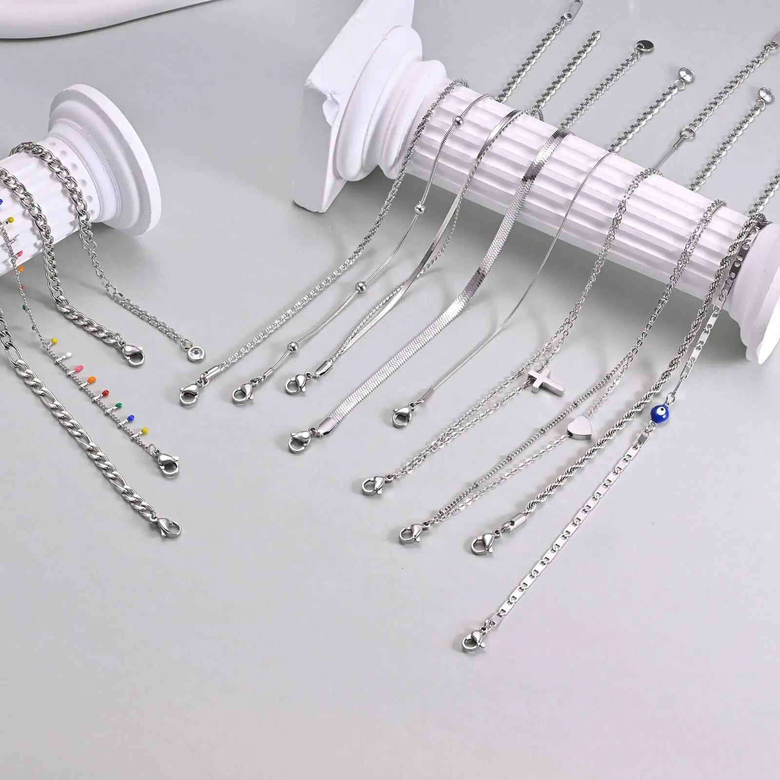 Silver Color Anklet Bracelets for Women Waterproof, Stainless Steel Layered Cuban Chain Herringbone Anklets Summer Beach Gift