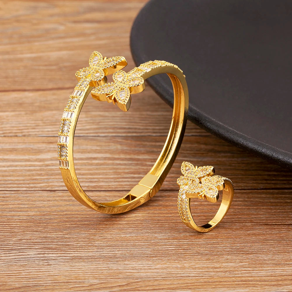 Nidin Fashion Cute Butterfly Shape Sparkling Zircon Jewelry Sets Rings Bangle For Women Elegant Aesthetic Accessories Party Gift