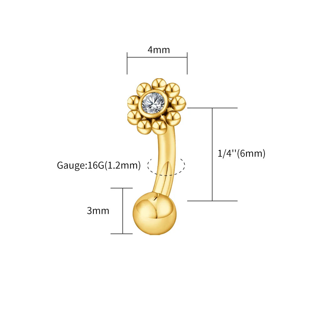 Right Grand ASTM F136 Titanium Mini CZ Flower Rook Earring 16G Curved Barbell Labret Stud Eyebrow Cartilage Tragus Body Piercing