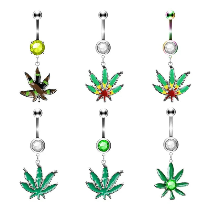 1PC Green Maple Leaf Belly Navel Ring Leaves Weed Dangle Belly Button Piercing Jewelry Surgical Steel Barbell Botton Piercing