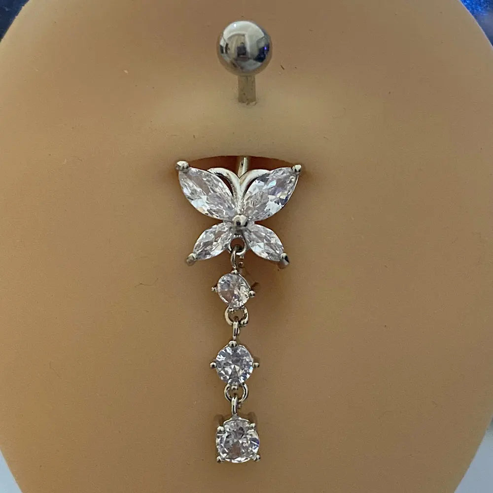 1PC Women Fashion Stainless Steel Piercing Crystal Butterfly Heart Belly Navel Ring Dangle Personality Body Jewelry Accessories