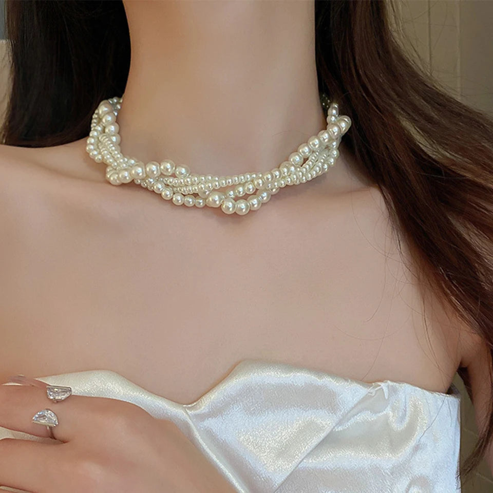 Yupsk Luxury Twining Pearl Choker Necklaces for Women Geometric Necklaces Weddings Bride Jewelry Accessories