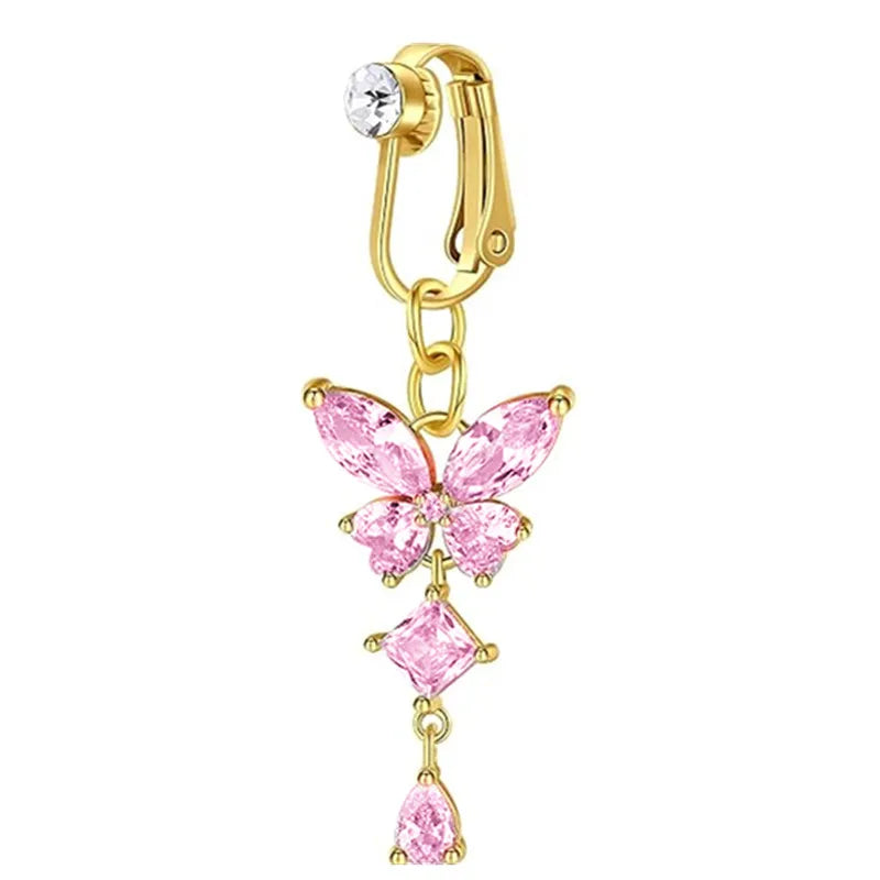 Clip On Belly Button Ring Butterfly Copper Zircon Pink Fake Belly Piercing Umbilical Navel Body Jewelry Trendy Fashion Style