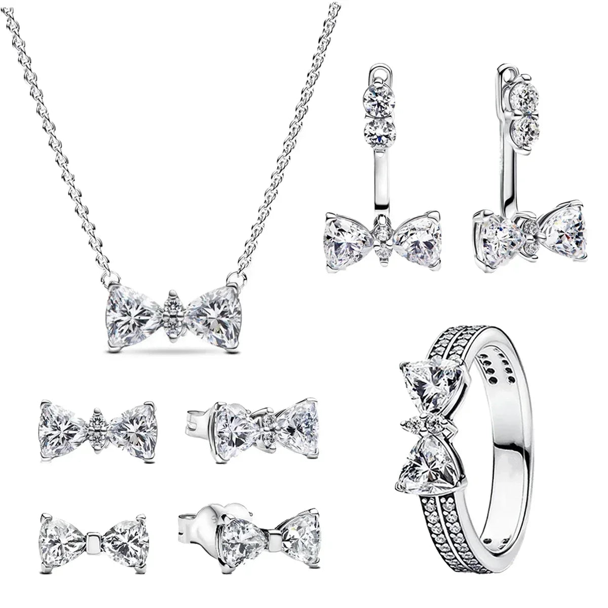 New Original 925 Sterling Silver Crown Bow Heart Set Ring Necklace Earring Crystal Women Valentine's Birthday Gift DIY Jewellery