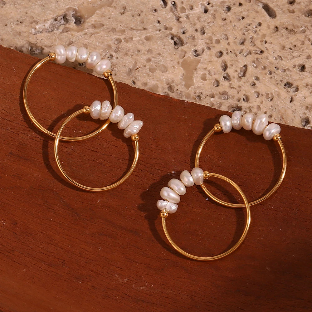 E.B.belle Elegant crushed freshwater pearls can be stacked stainless steel ring woman gold plated jewellery women Decoration