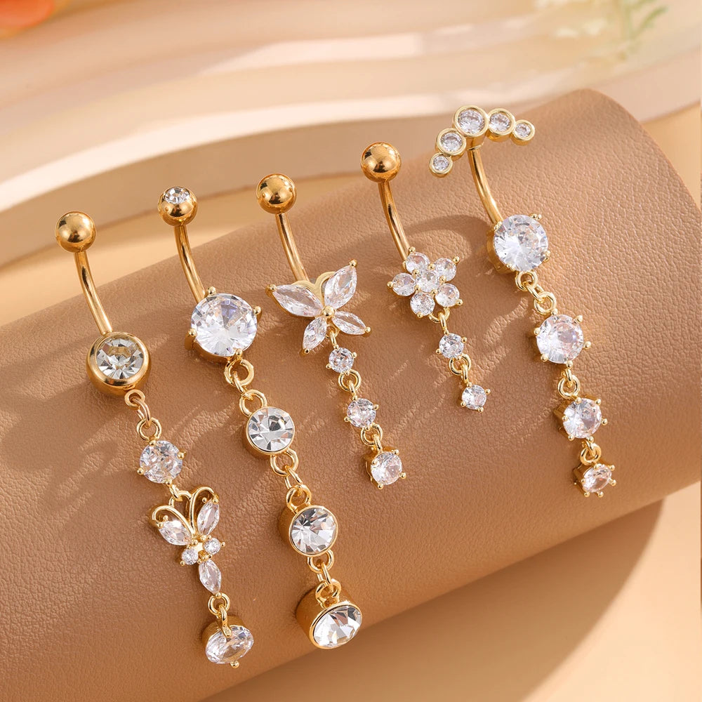 3-5pcs/Lot Belly Button Ring Sets Heart Butterfly Flower Dangled Belly Piercing Nombril 14G Curved Navel Rings Jewelry for Women