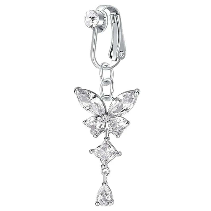 Clip On Belly Button Ring Butterfly Copper Zircon Pink Fake Belly Piercing Umbilical Navel Body Jewelry Trendy Fashion Style