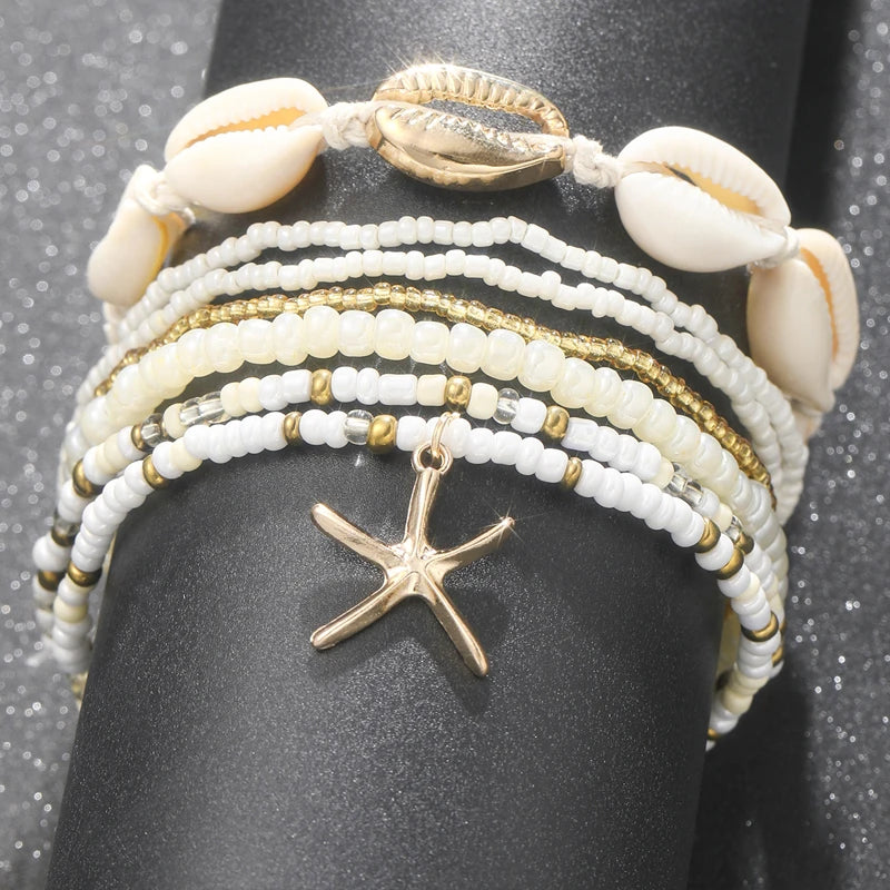 7pc/set Bohemian Rice Beads Starfish Pendant Anklet Set Fashion Summer Beach Sea Shell Multilayer Ankle Bracelet On Foot Jewelry