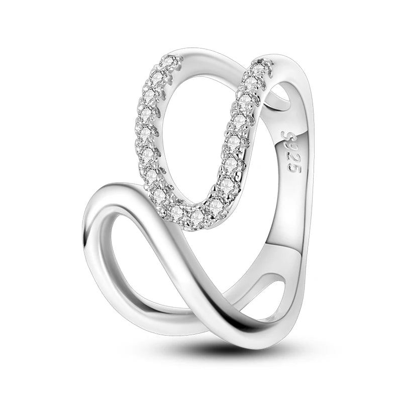 Women's 925 Sterling Silver Geometric Overlapping Zircon Classic Design Rings Anniversary Birthday Engagement Fine Jewelry