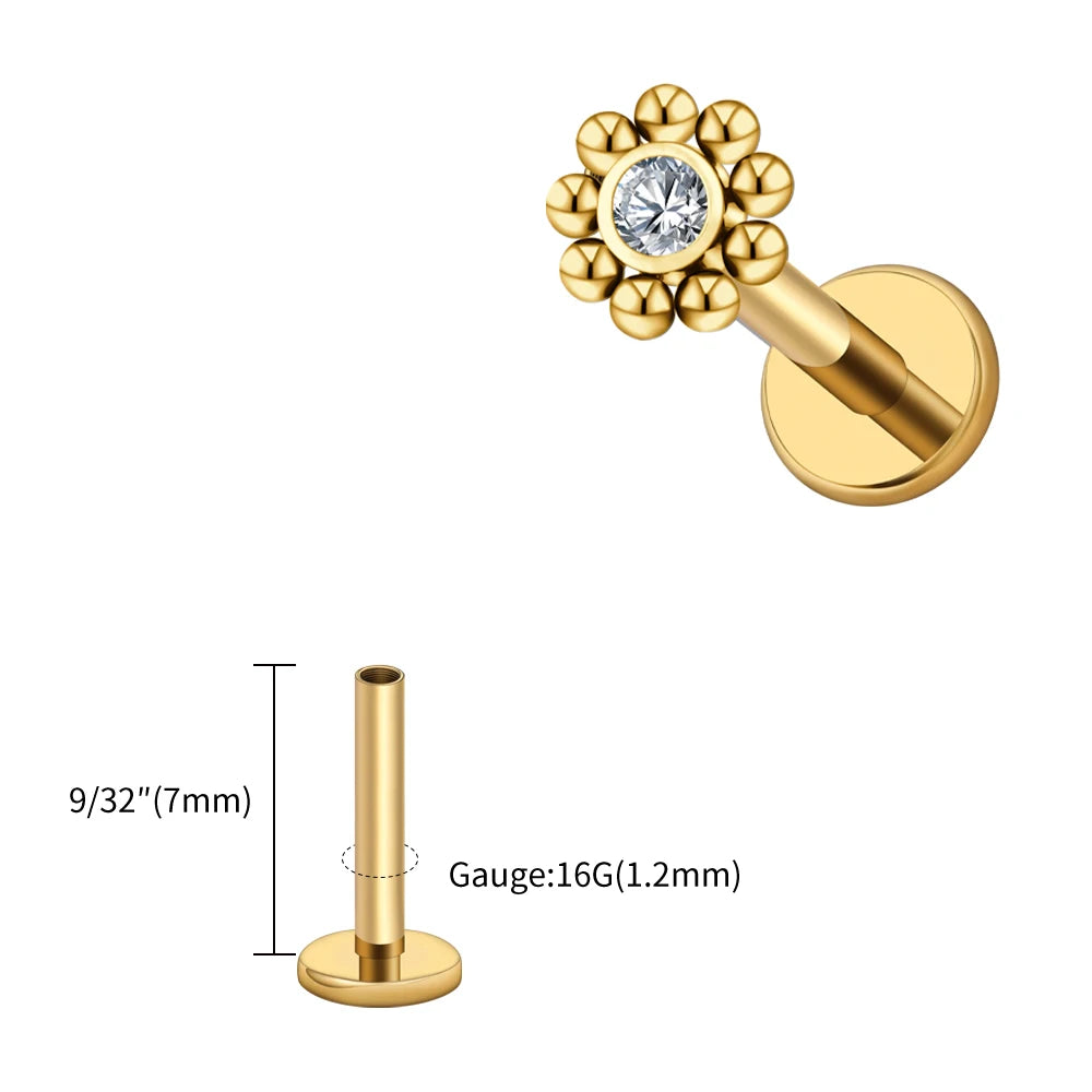 Right Grand ASTM F136 Titanium 16G Mini Beaded Sun Labret Stud CZ Flower Tragus Cartilage Helix Conch Nose Piercing Body Jewelry