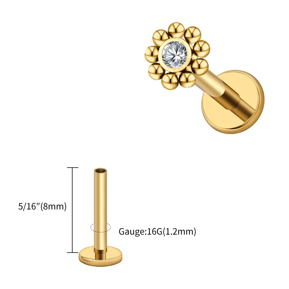 Right Grand ASTM F136 Titanium 16G Mini Beaded Sun Labret Stud CZ Flower Tragus Cartilage Helix Conch Nose Piercing Body Jewelry