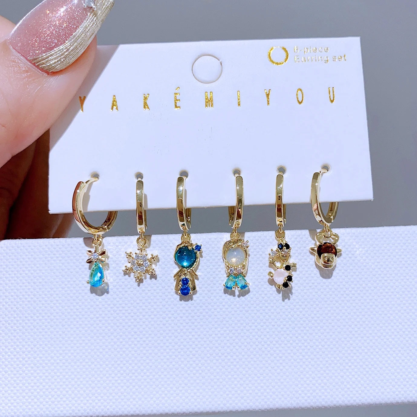 1 Set Mixed Design Frozen Cartoon Huggie Hoop Earrings for Women Gold Color Plated Cubic Zircon Jewelry