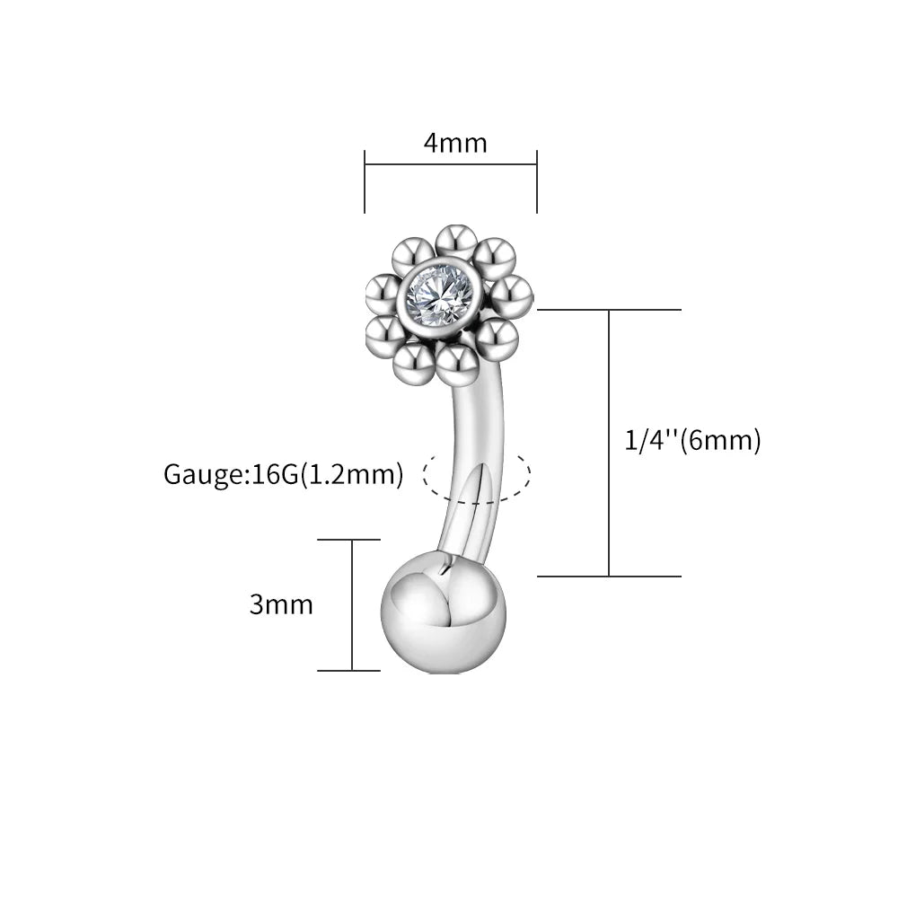 Right Grand ASTM F136 Titanium Mini CZ Flower Rook Earring 16G Curved Barbell Labret Stud Eyebrow Cartilage Tragus Body Piercing