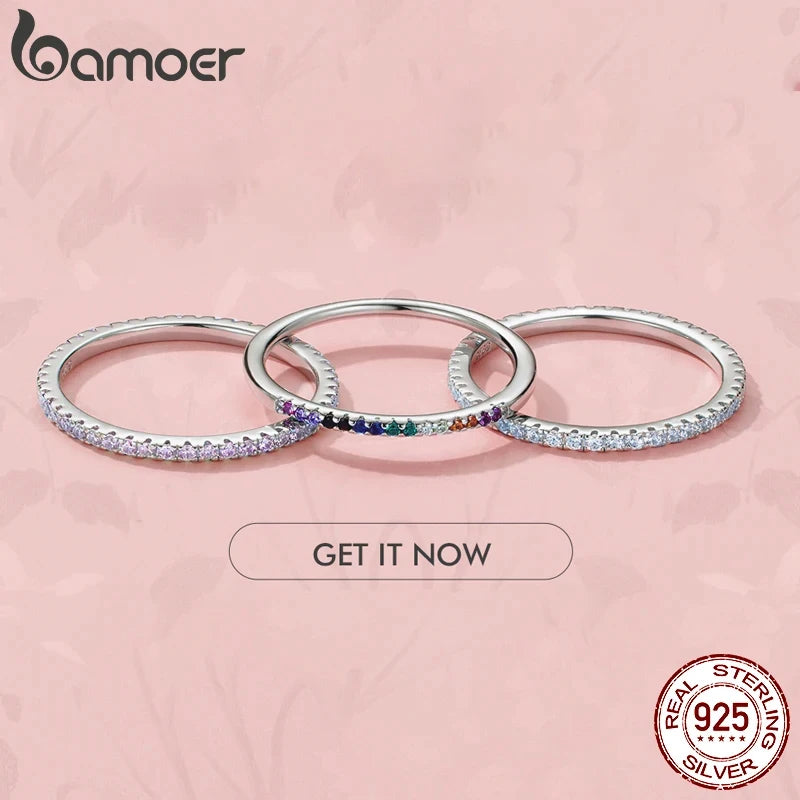 BAMOER 925 Sterling Silver Full pave ring Rainbow CZ Simulated Diamond Stackable Ring Platinum Plated Eternity Bands for Women