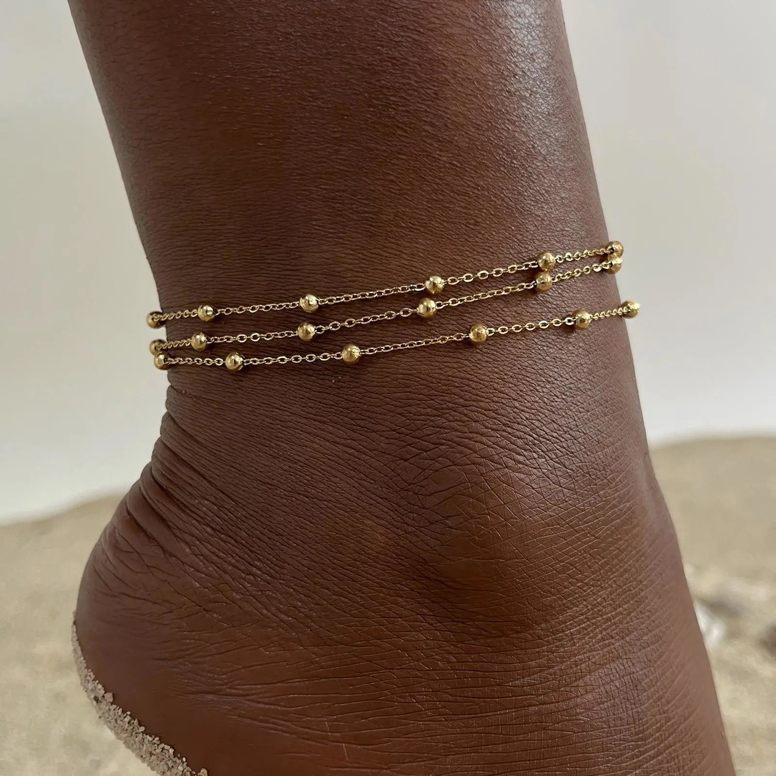 18k Gold Plated Stainless Steel Layered Chain With Beaded  Anklet Bracelet on Leg  for Women