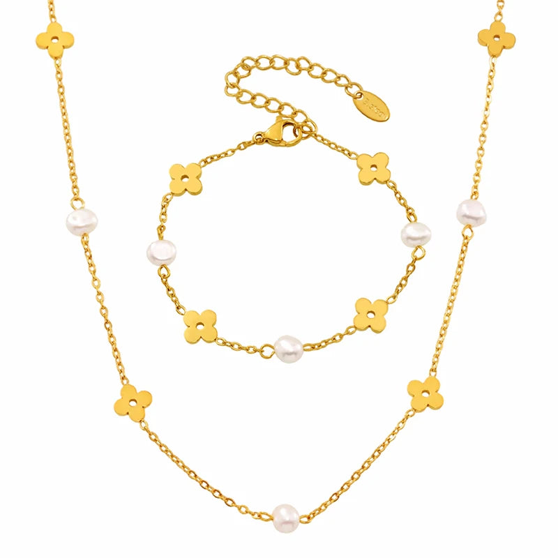 Liora Elegant Freshwater Pearl Stainless Steel Jewelry Sets Flower Choker Necklaces Bracelets For Women PVD Gold Plated Jewelry
