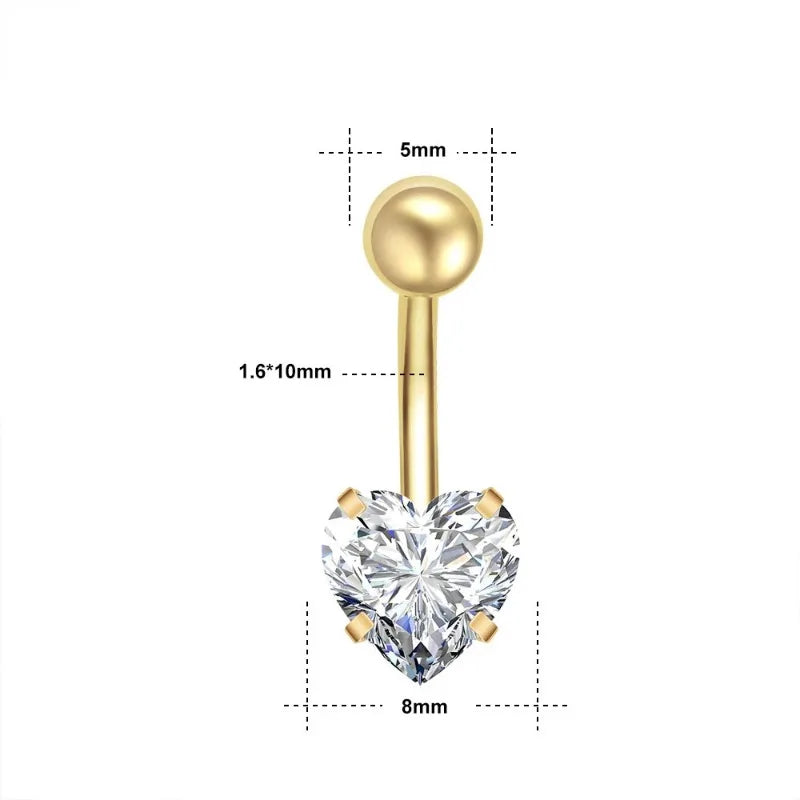 1Pc Gold Color Stainless Steel Belly Ring, Flower Heart Shaped CZ Crystal Navel Belly Button Rings Butterfly Navel Piercings 14G