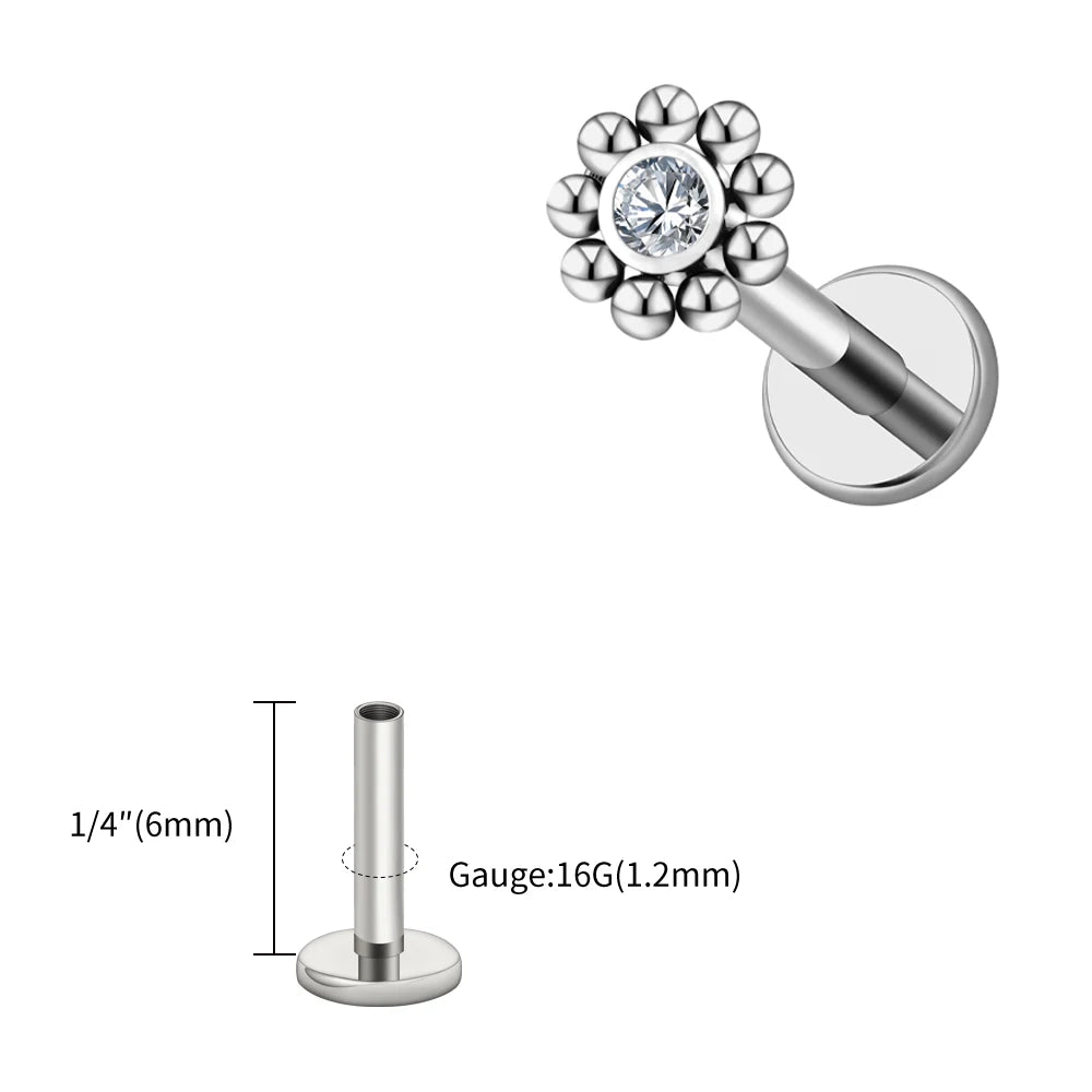 Right Grand ASTM F136 Titanium 16G Mini Beaded Sun Labret Stud CZ Flower Tragus Cartilage Helix Conch Nose Piercing Body Jewelry