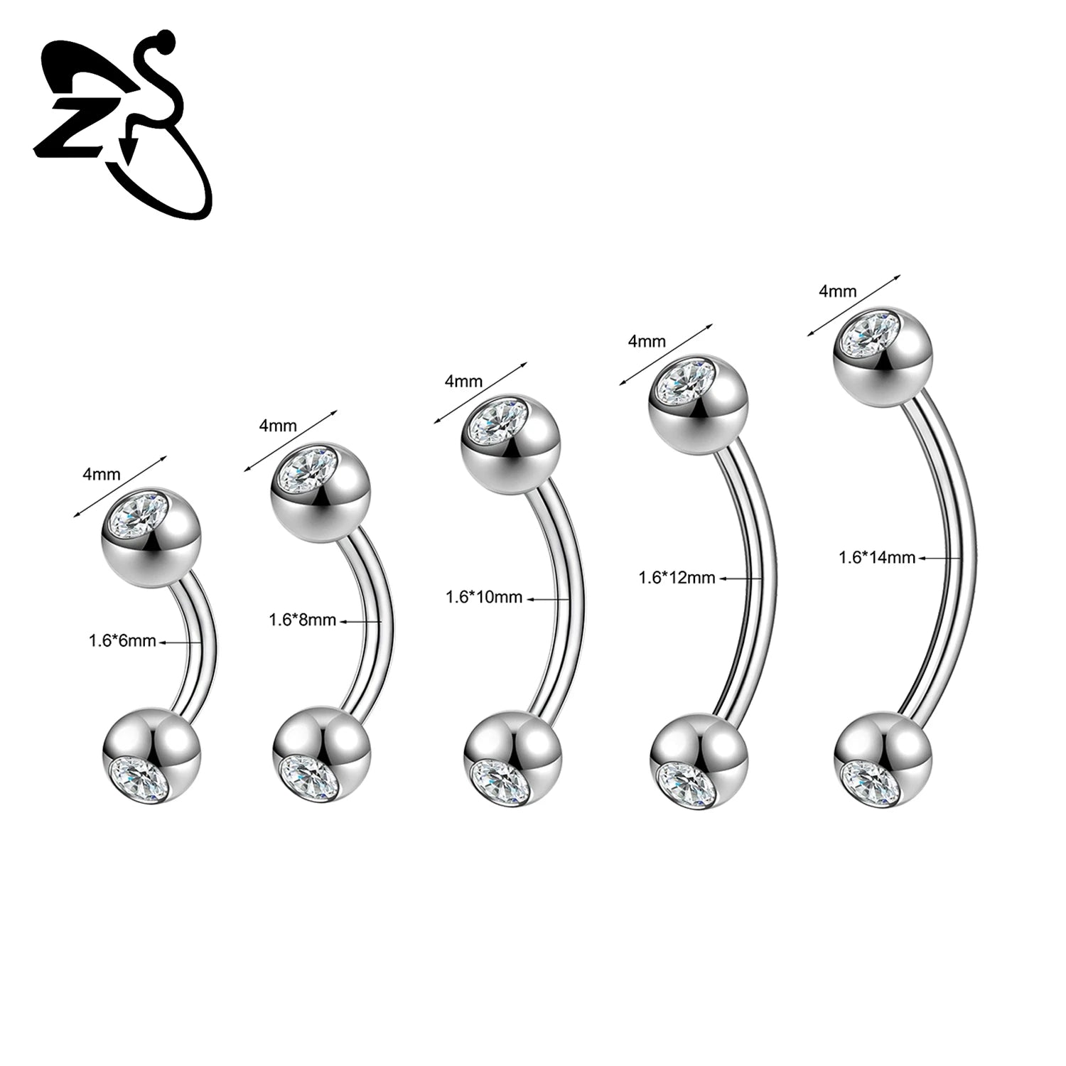 ZS 1PC Internal Thread 14/16/18G Stainless Steel Belly Button Ring 6MM-14MM Curved Navel Rings Helix Cartilage Piercings Jewelry