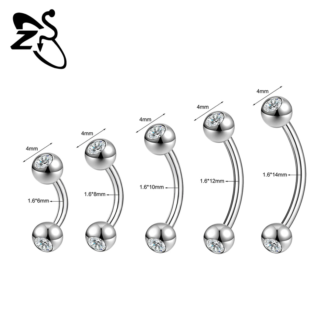 ZS 1PC Internal Thread 14/16/18G Stainless Steel Belly Button Ring 6MM-14MM Curved Navel Rings Helix Cartilage Piercings Jewelry