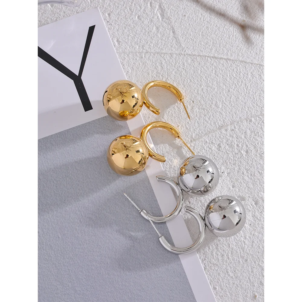 Yhpup Stainless Steel Round Ball Smooth Bead Drop Huggie Earrings Gold Silver Color Prevent Allergy Metal Unusual Jewelry Gift