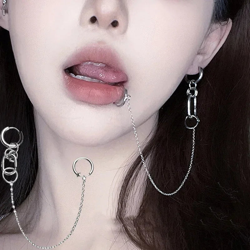 Anime Cosplay Punk Chain Linked Earrings Hinged Lip Ring Fake Piercing Lip Clip Earring Accessories Creative Metal Earrings