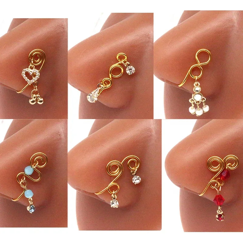 Nose Cuffs Fake Nose Ring Brass Thread Bead Dangle Copper Clip On Nose Ring Non Piercing Body Jewelry For Women
