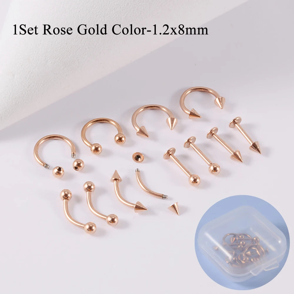 12pcs/Set Surgical Steel Silver Color Gold Plated Black Rainbow Ear Nose Eyebrow Labret Basic Piercing Jewelry Set 8mm