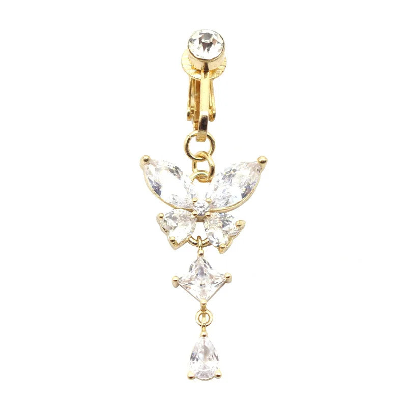 Faux Fake Belly Piercing Butterfly Leaves Dangling Long Fake Belly Button Pircing Clip On Umbilical Navel Cartilage Earring Clip