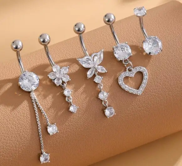 3-5pcs/Lot Belly Button Ring Sets Heart Butterfly Flower Dangled Belly Piercing Nombril 14G Curved Navel Rings Jewelry for Women