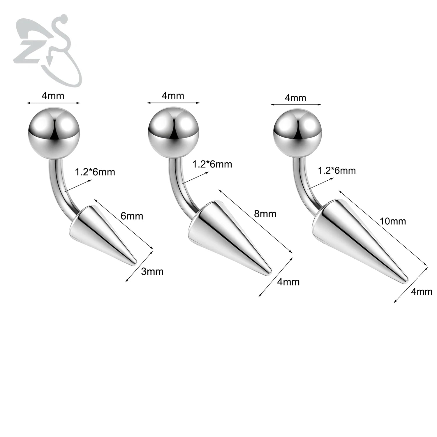 ZS 1PC 16G Long Spike Bridge Piercing Stainless Steel Eyebrow Ring Curved Barbell Cartilage Earring Punk Cone Labret Piercing