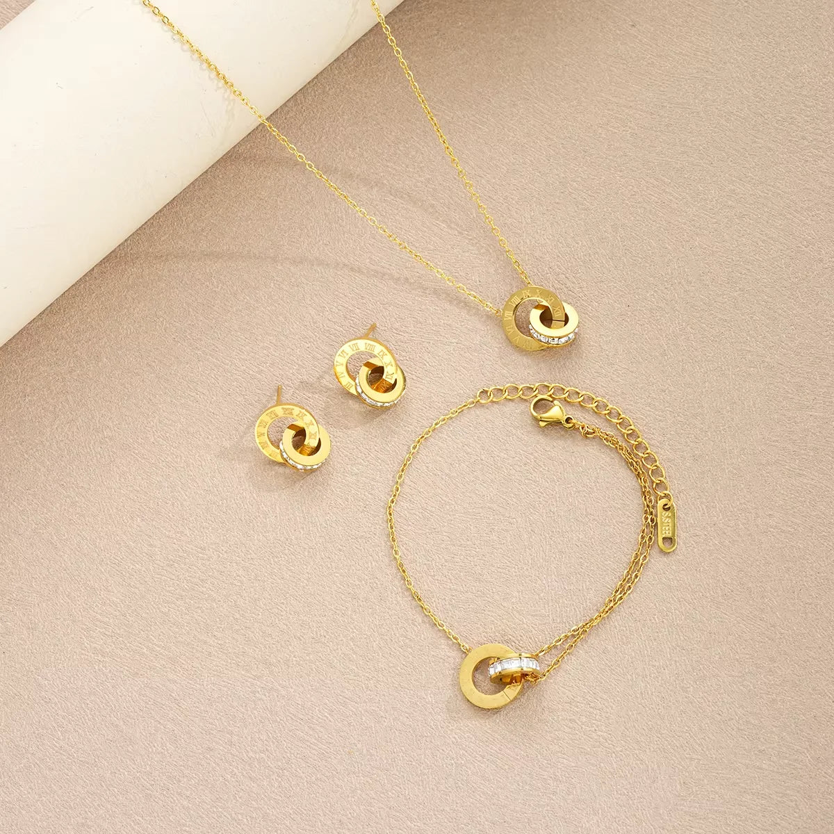 4Pcs/Set Stainless Steel Crystal Necklace Bracelet Earrings for Women Gold Color Interlocking Circles Roman Numbers Jewelry Sets
