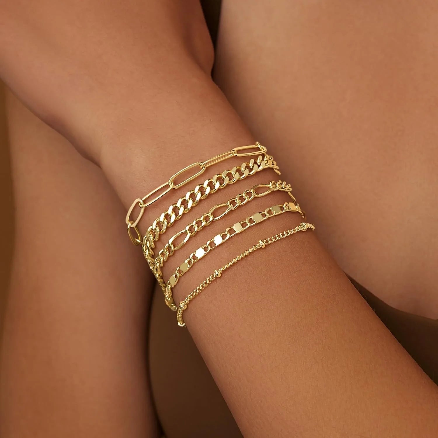 Gold Bracelets Set for Women,14K Gold Plated Dainty Gold Link Chain Bracelets Trendy Stackable Gold Cuff Bracelets Jewelry Gifts